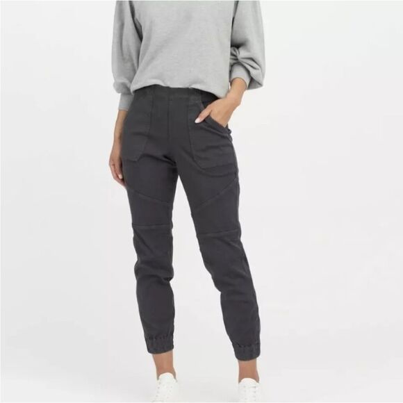 Spanx Twill Cargo Jogger Pants Black High Rise Pull On Zip Hem Stretch Size XL - Picture 1 of 11